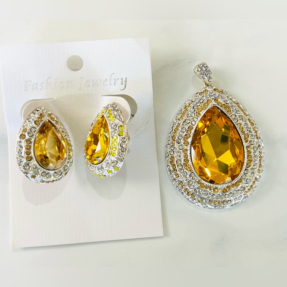 Citrine color Fashion teardrop omega earrings & pendant 🆕